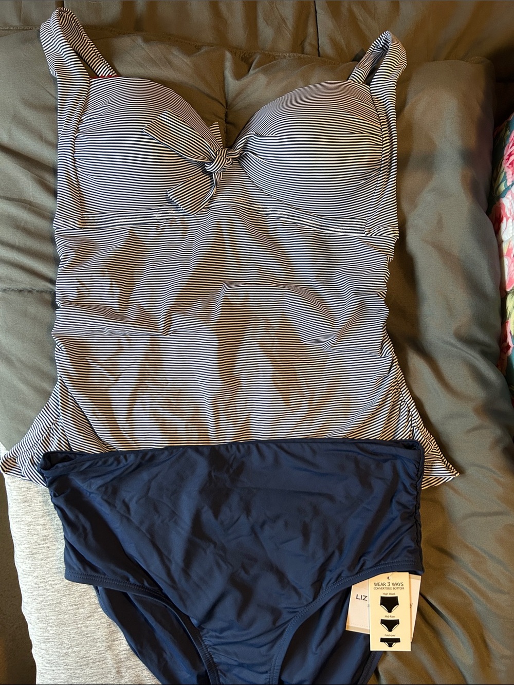 Liz Claiborne Striped Navy & White Tankini with Navy Bottoms